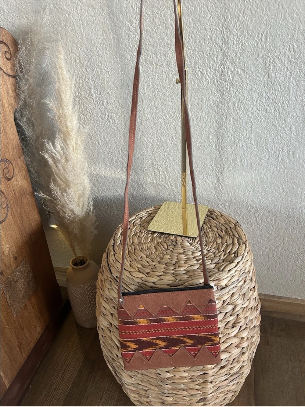 Vintage Southwestern Handwoven Ikat Crossbody Bag Suede Trim Boho